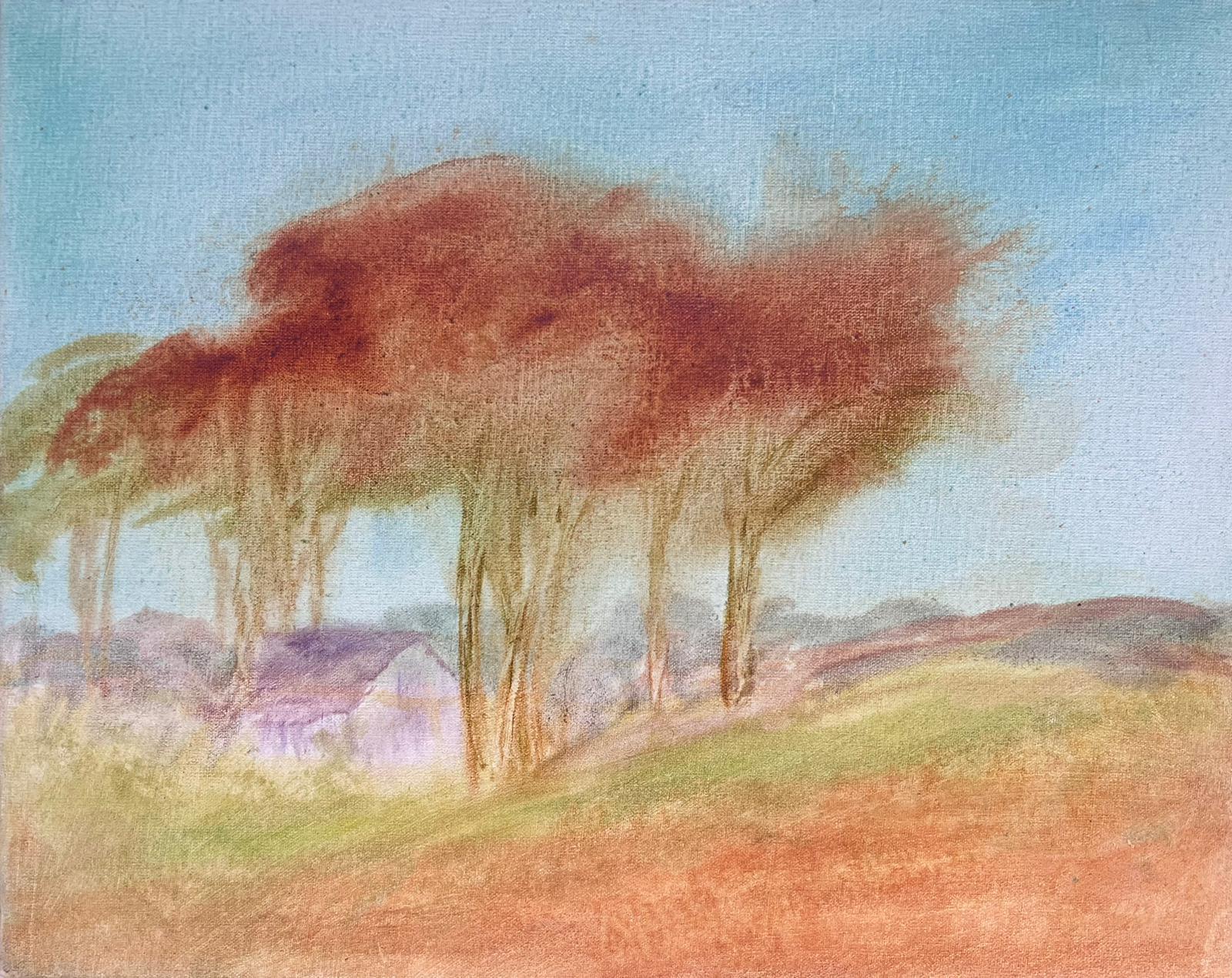 Geza Somerset-Paddon Landscape Painting – Burnt Orange Ochre Trees in Landscape Contemporary British Ölgemälde Leinwand