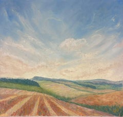 Cloudy Blue Skies Over Stripey Meadows Contemporary British Oil Painting