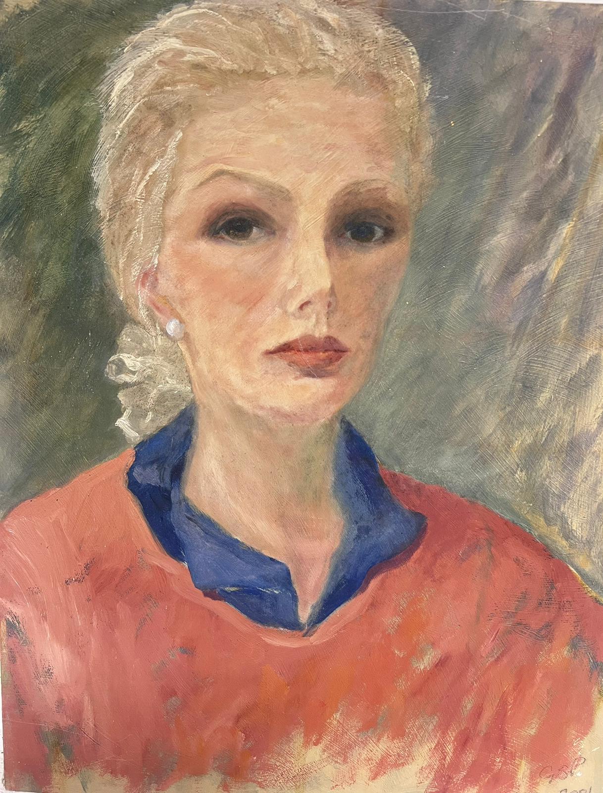Peinture à l'huile contemporaine moderniste britannique Portrait de femme en rose