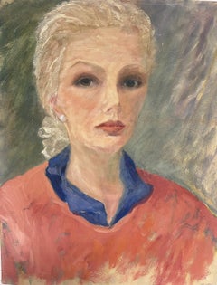 Peinture à l'huile contemporaine moderniste britannique Portrait de femme en rose