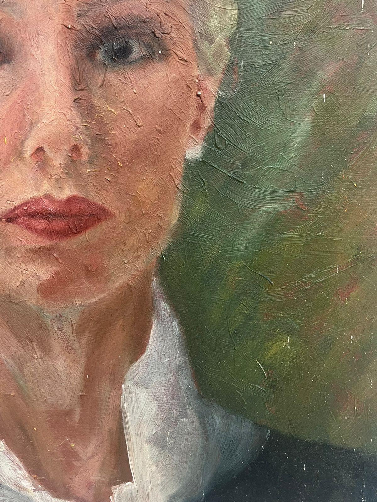 Contemporary British Modernist Oil Portrait Of A Blonde Lady In Pearl Earrings - Impressionist Painting by Geza Somerset-Paddon