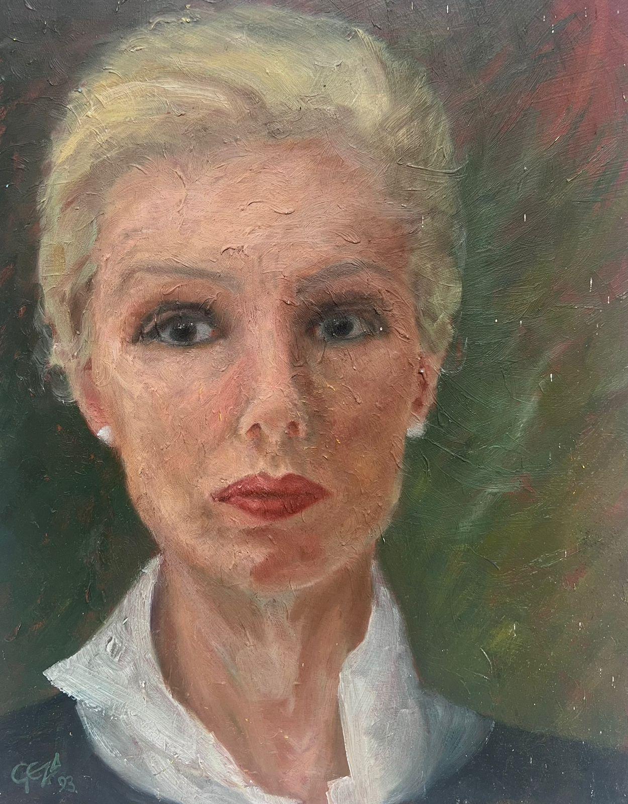 Contemporary British Modernist Oil Portrait Of A Blonde Lady In Pearl Earrings