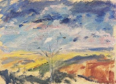 Peinture à l'huile contemporaine britannique Arbre dénudé dans un paysage ouvert bleu