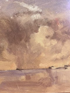 Pintura al óleo británica contemporánea Paisaje con cielo púrpura brumoso