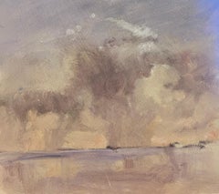 Vintage Contemporary British Oil Painting Foggy Purple Sky Landscape