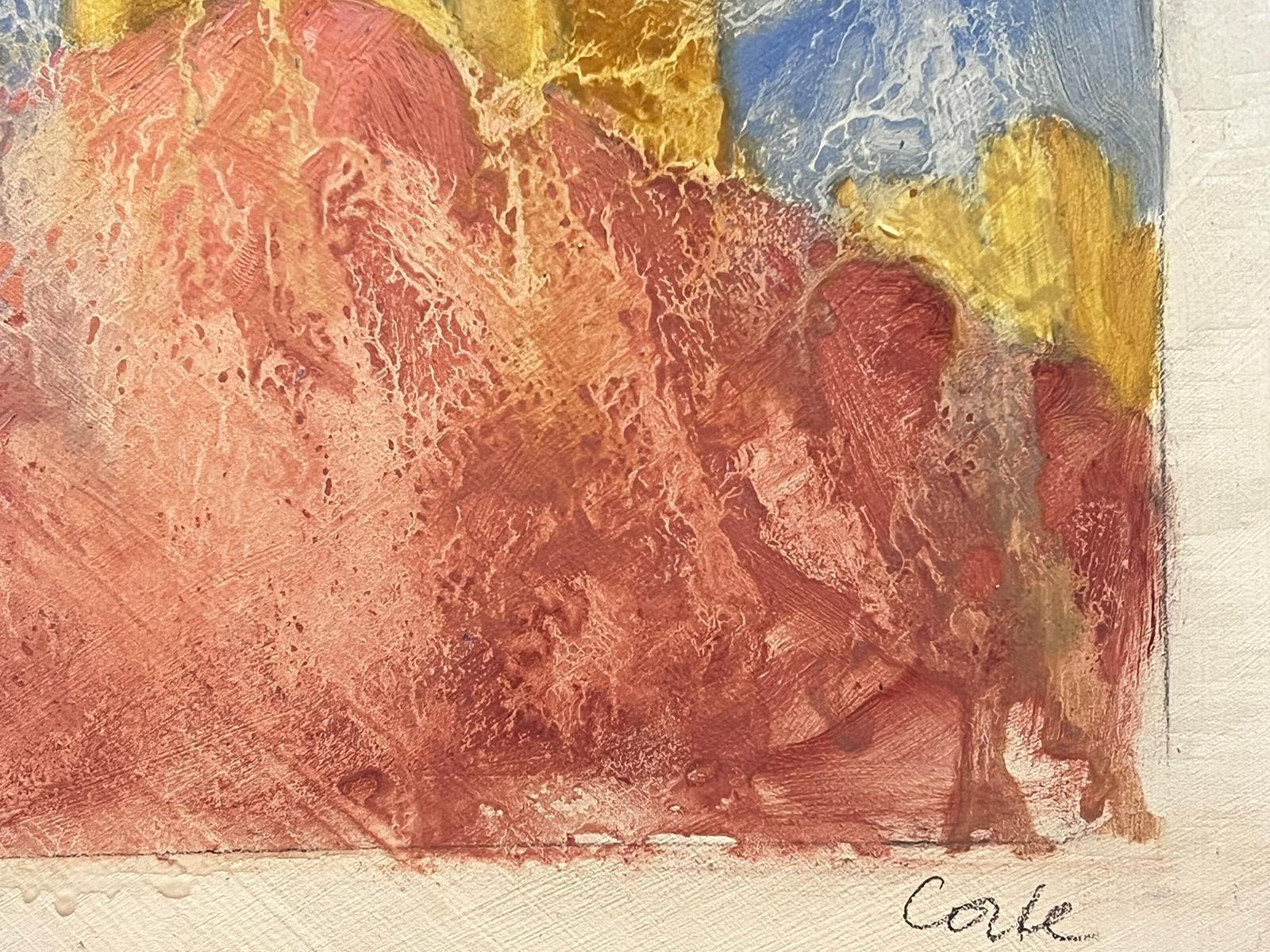 Contemporary British Oil Painting Gold Castle On Top Of Red Mountains For Sale 1