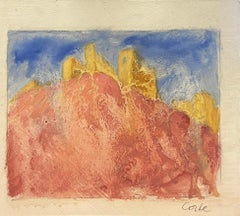 Contemporary British Oil Painting Gold Castle On Top Of Red Mountains