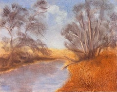 Vintage Contemporary British Oil Painting Orange Bay Along The Purple Stream
