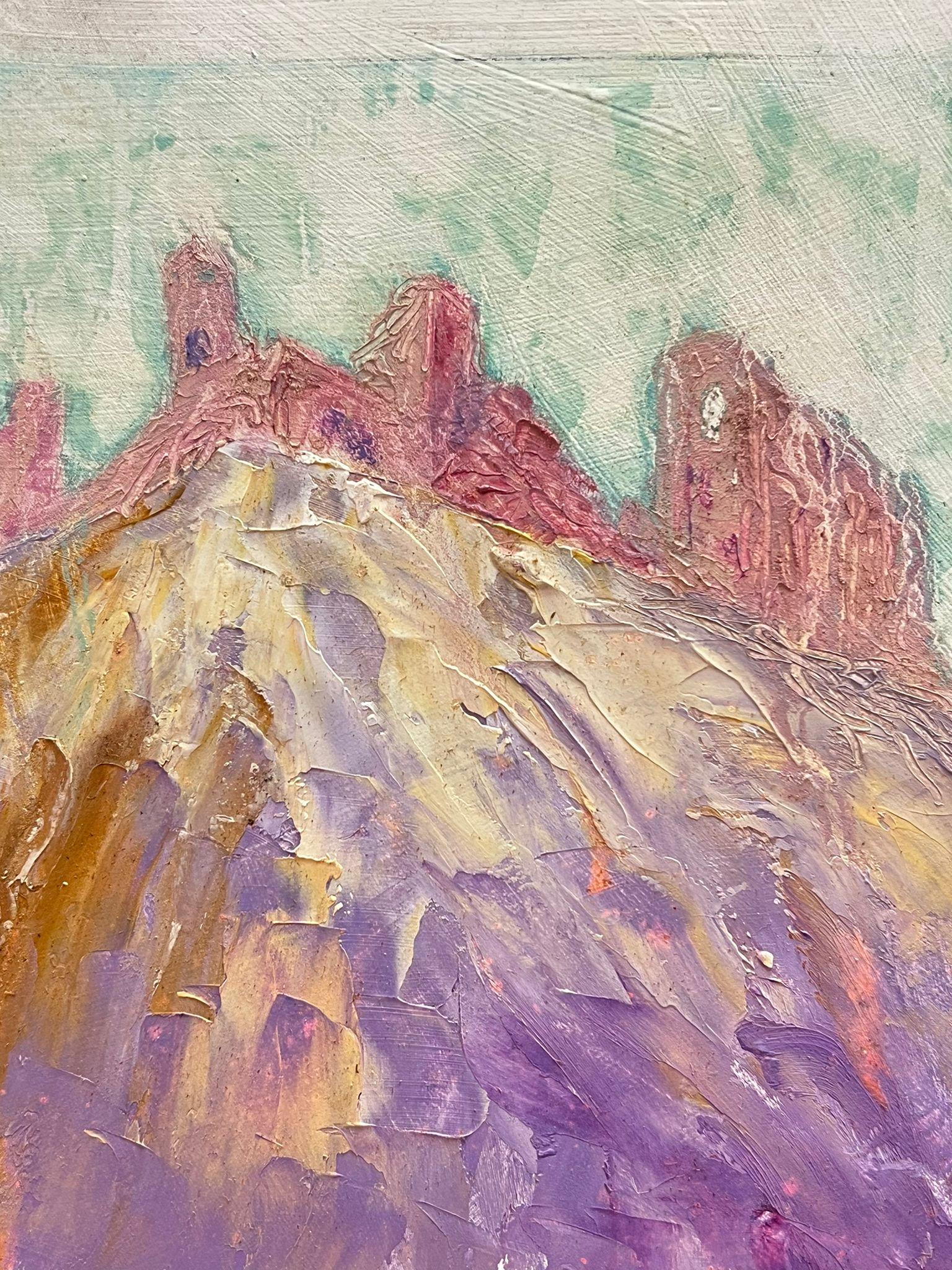 Contemporary British Oil Painting Pink Townes On Purple Mountains Landscape im Angebot 2
