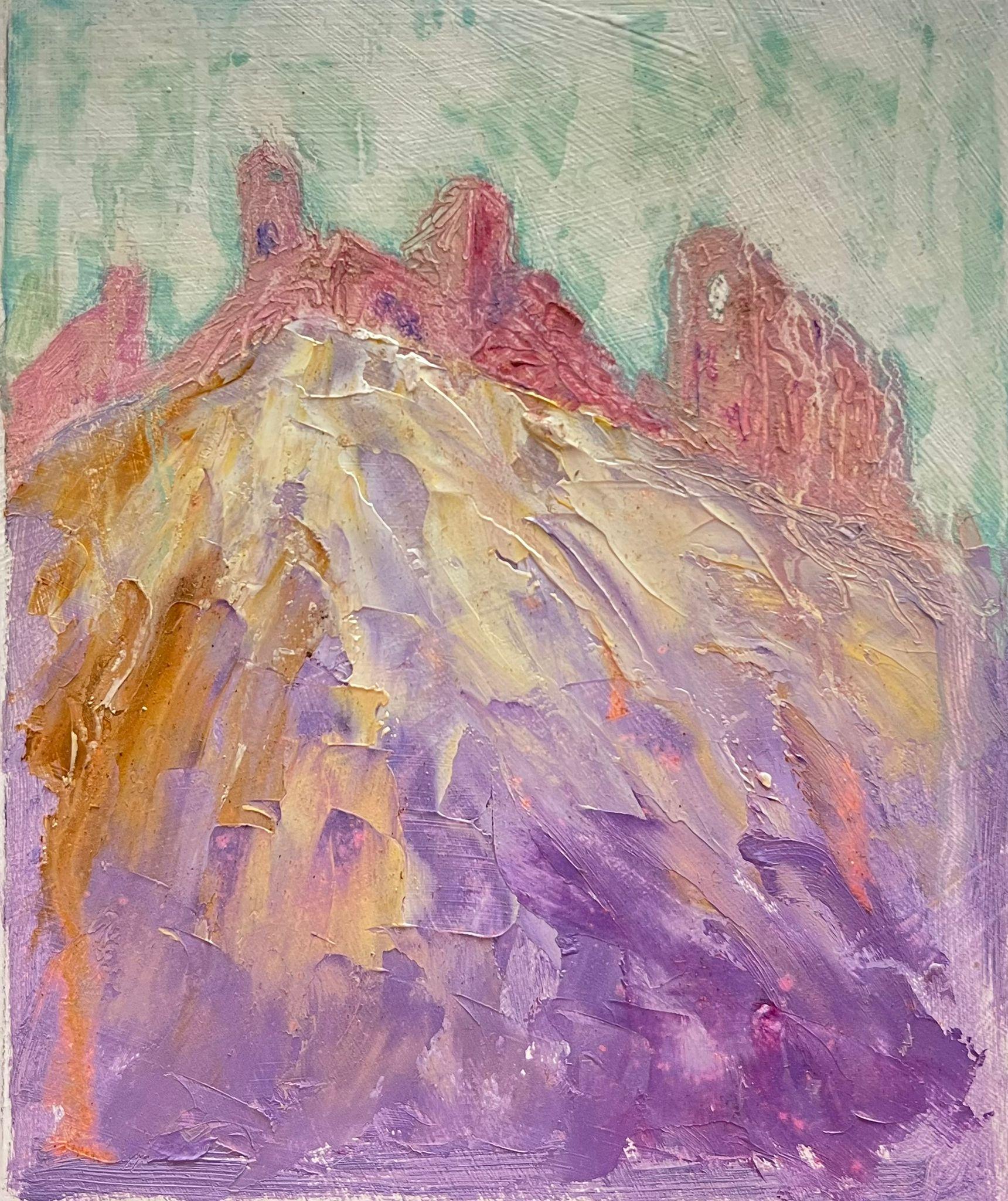 Contemporary British Oil Painting Pink Townes On Purple Mountains Landscape