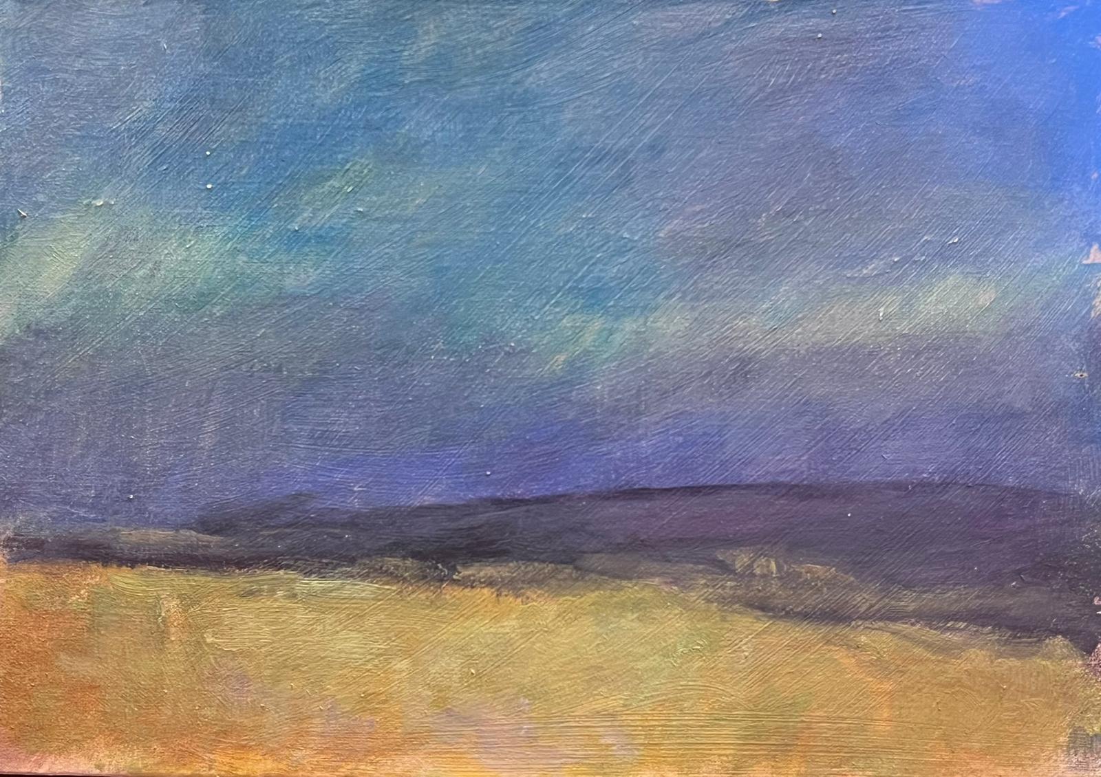 Abstract Painting Geza Somerset-Paddon - Peinture à l'huile contemporaine britannique Paysage bleu violet ciel 