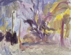 Vintage Contemporary British Oil Painting Purple Sky Yellow Trees
