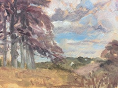 Contemporary British Oil Painting Purple Trees Blue Cloudy Sky Landscape