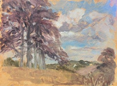 Peinture à l'huile contemporaine britannique paysage arbres violets ciel nuageux bleu