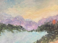 Contemporary British Ölgemälde rote Sonne Peering durch lila Baum Landschaft