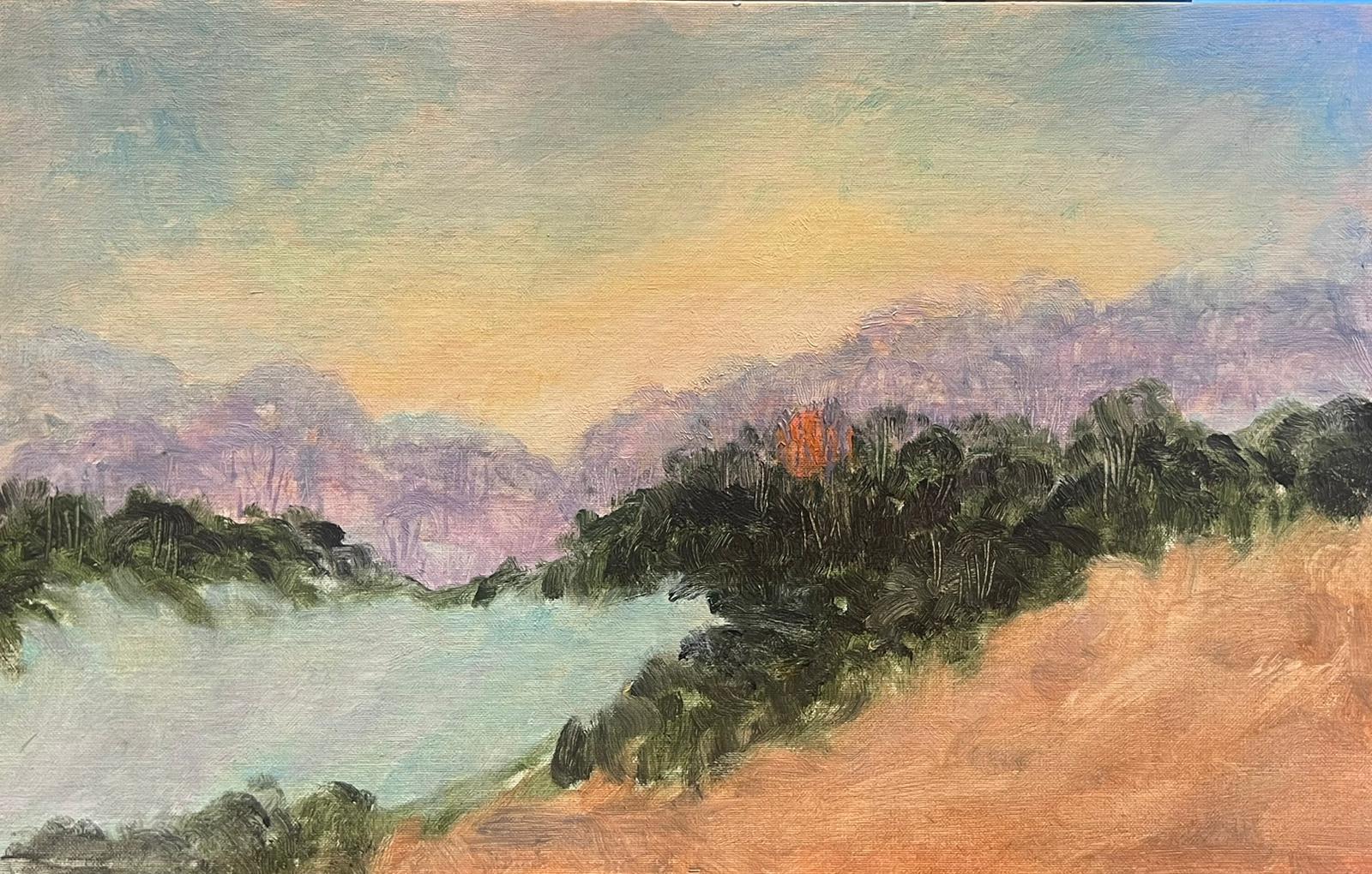 Geza Somerset-Paddon Landscape Painting - Contemporary British Oil Painting Red Sun Peering Through Purple Tree Landscape 