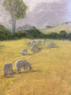 Contemporary British Oil Painting Sheep Munching On Golden Yellow Grass
