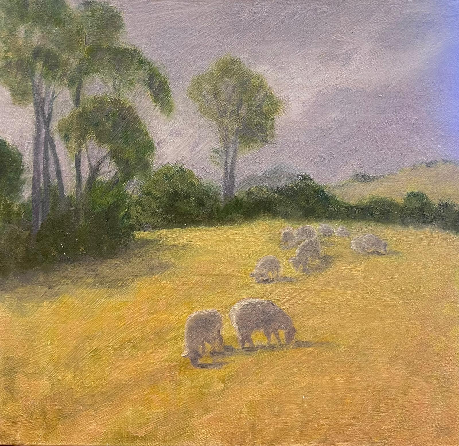Zeitgenössisches britisches Ölgemälde Schafe mümmelnd auf goldgelbem Gras