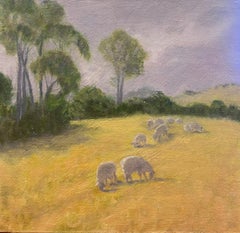 Vintage Contemporary British Oil Painting Sheep Munching On Golden Yellow Grass