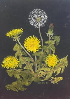 Vintage Contemporary British Oil Painting Yellow and White Dandelions 