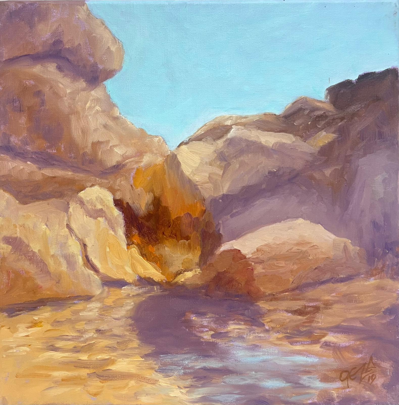 Geza Somerset-Paddon Abstract Painting - Crumbling Layered Rocks Into Lake Contemporary British Oil Painting canvas