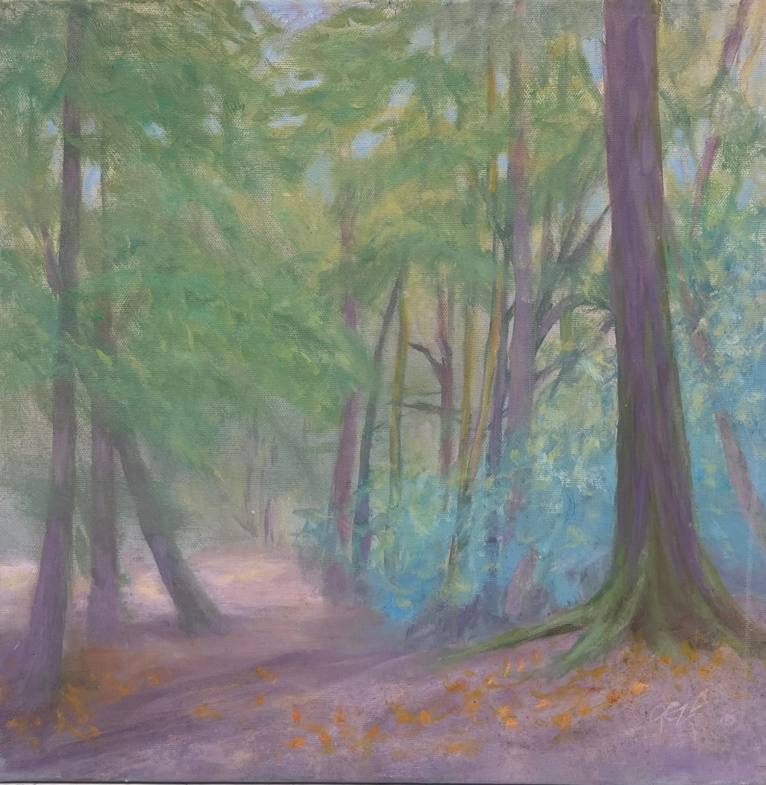 Hazy Woodland Forest Path Contemporary British Oil Painting canvas