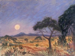 Vintage Moonlight Lit Purple Sky Over Desert Contemporary British Modernist Painting