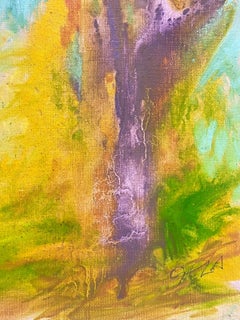Pair Of Purple Trees In Colourful Wind Contemporary British Oil Painting canvas