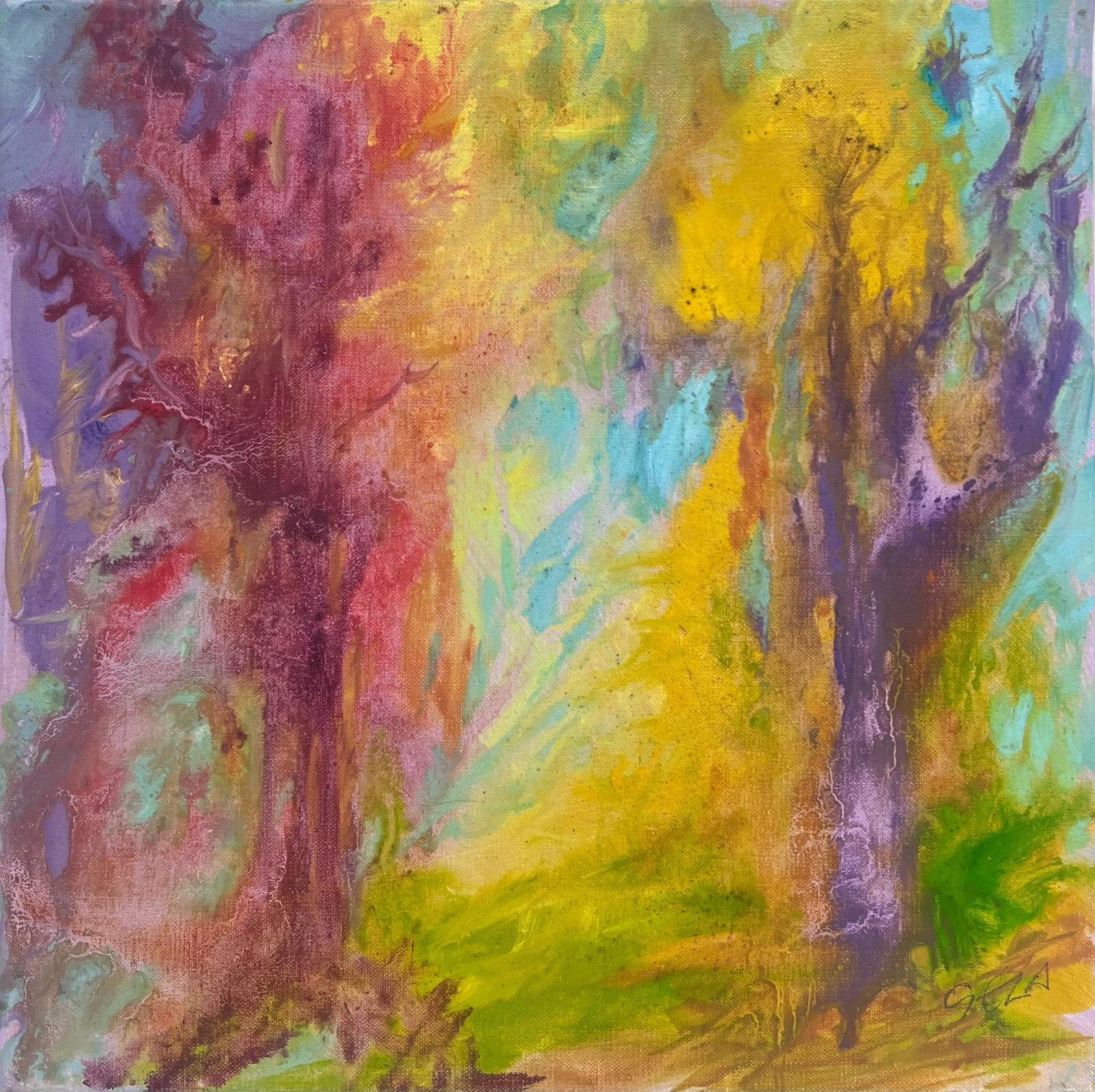 Geza Somerset-Paddon Abstract Painting - Pair Of Purple Trees In Colourful Wind Contemporary British Oil Painting canvas