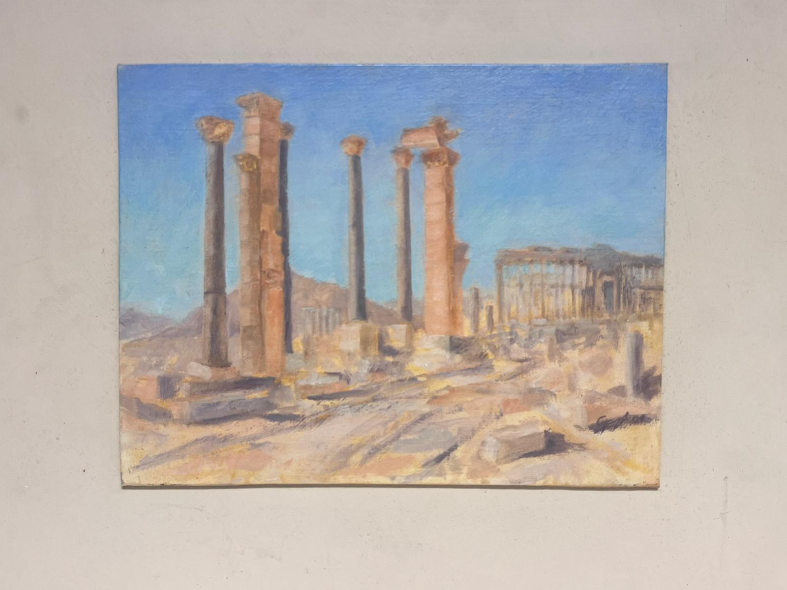 Palmyra, ancient ruins
by Geza Somerset-Paddon (British 20th century)
dated 1997
oil painting on board
overall board size: 16 x 18 inches
board: 9.5 x 12 inches
condition: overall very good
provenance: all the paintings we have by this artist have
