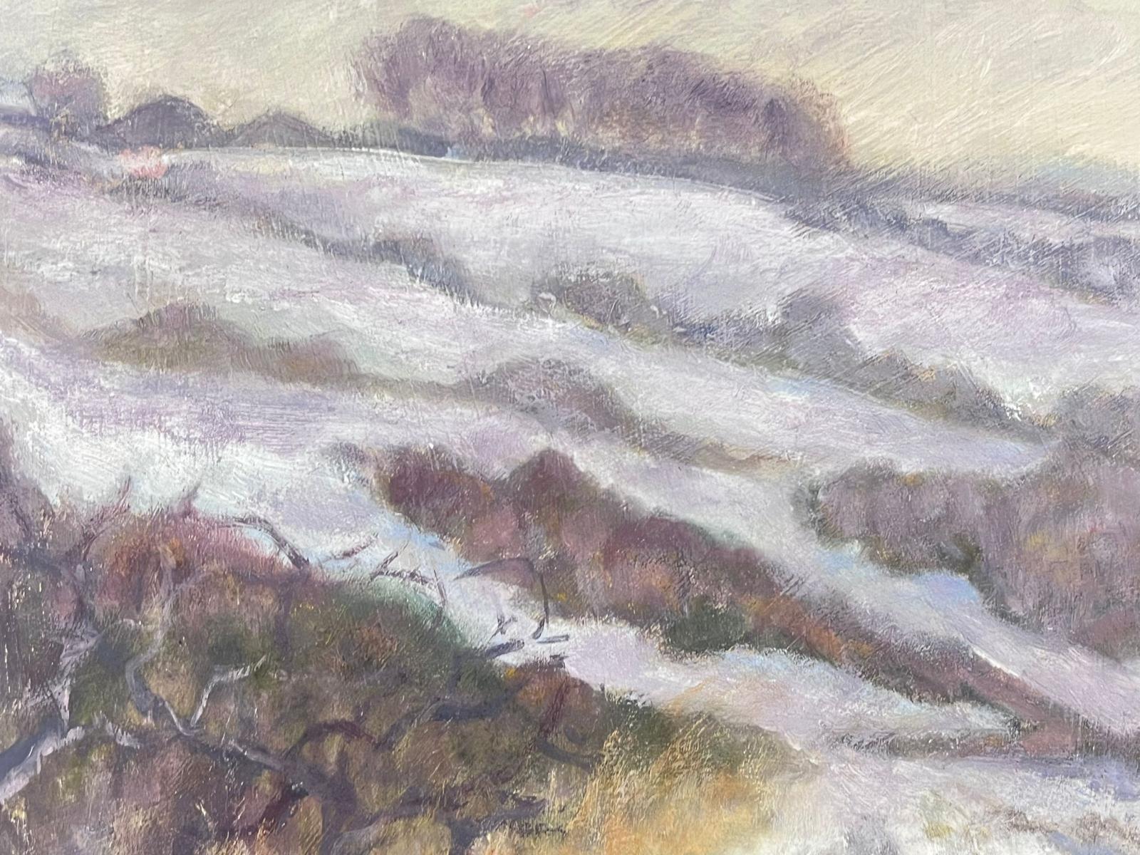 Purple Fields Covered In White Snow Contemporary British Modernist Oil Painting For Sale 1