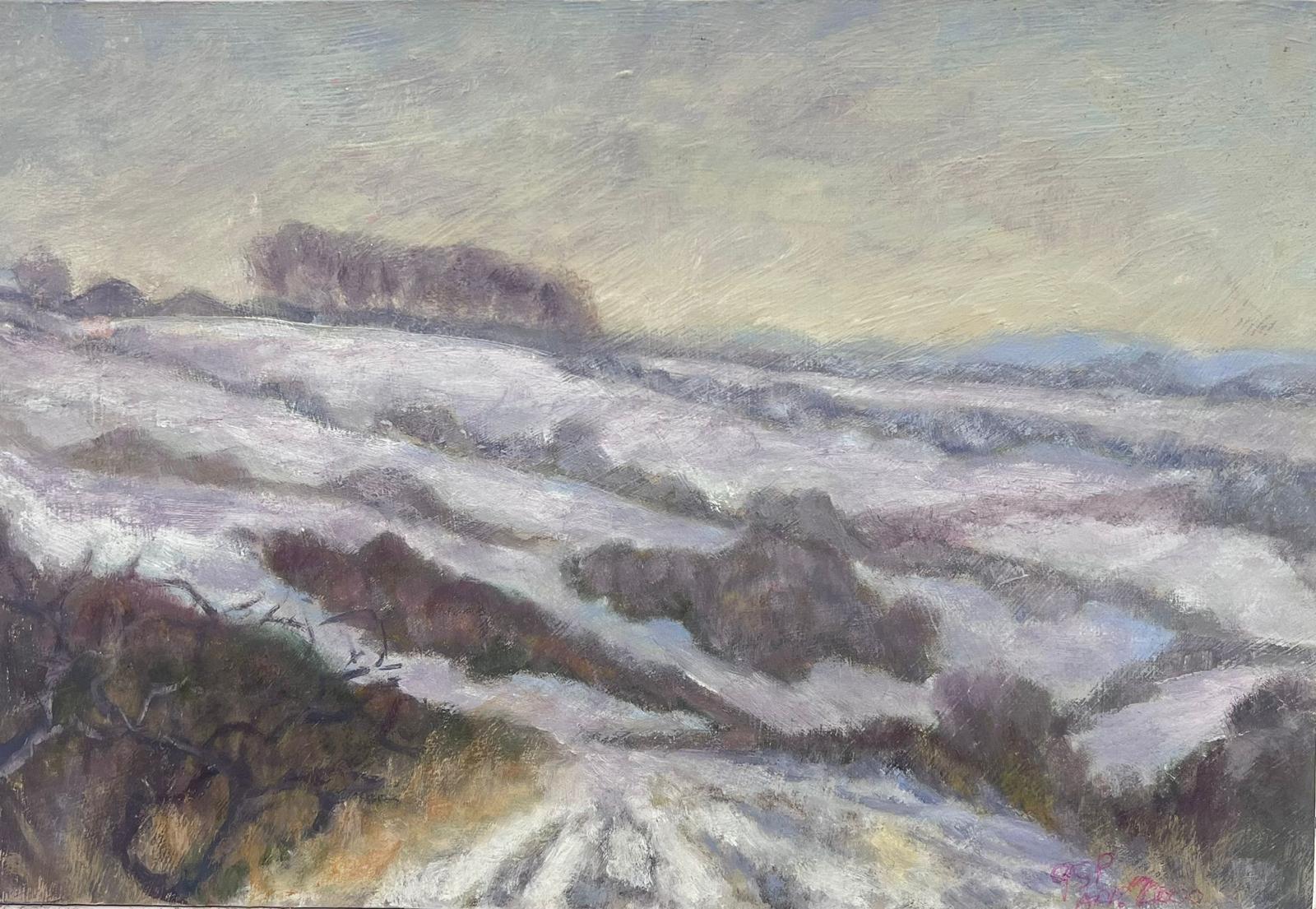 Landscape Painting Geza Somerset-Paddon - Champs violets recouverts de neige blanche Peinture à l'huile moderniste britannique contemporaine
