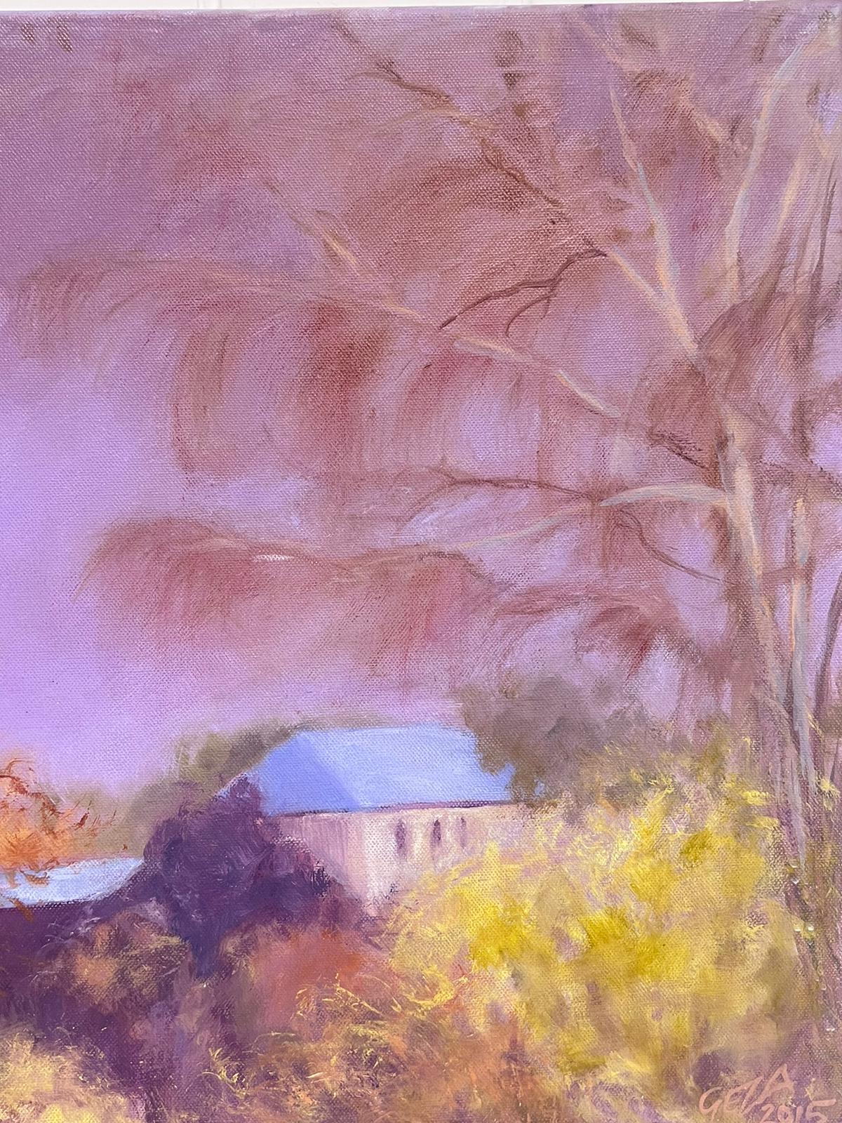 Purple Sky Landscape House In Autumn Contemporary British Oil Painting canvas - Gray Landscape Painting by Geza Somerset-Paddon