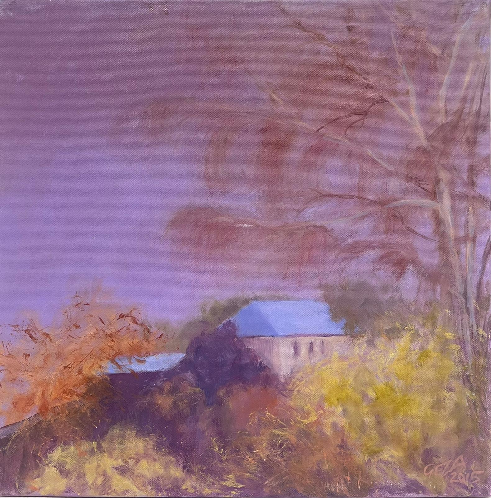 Geza Somerset-Paddon Abstract Painting - Purple Sky Landscape House In Autumn Contemporary British Oil Painting canvas