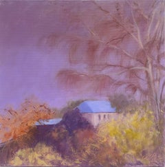 Peinture à l'huile contemporaine britannique sur toile, paysage de ciel violet, maison en automne