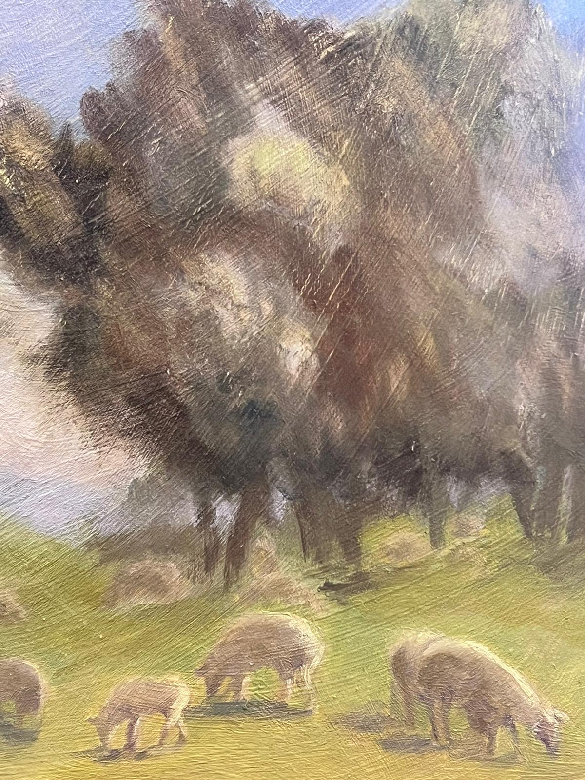 Sheep Munching On Grass Under Tall Trees Contemporary British Painting  For Sale 1