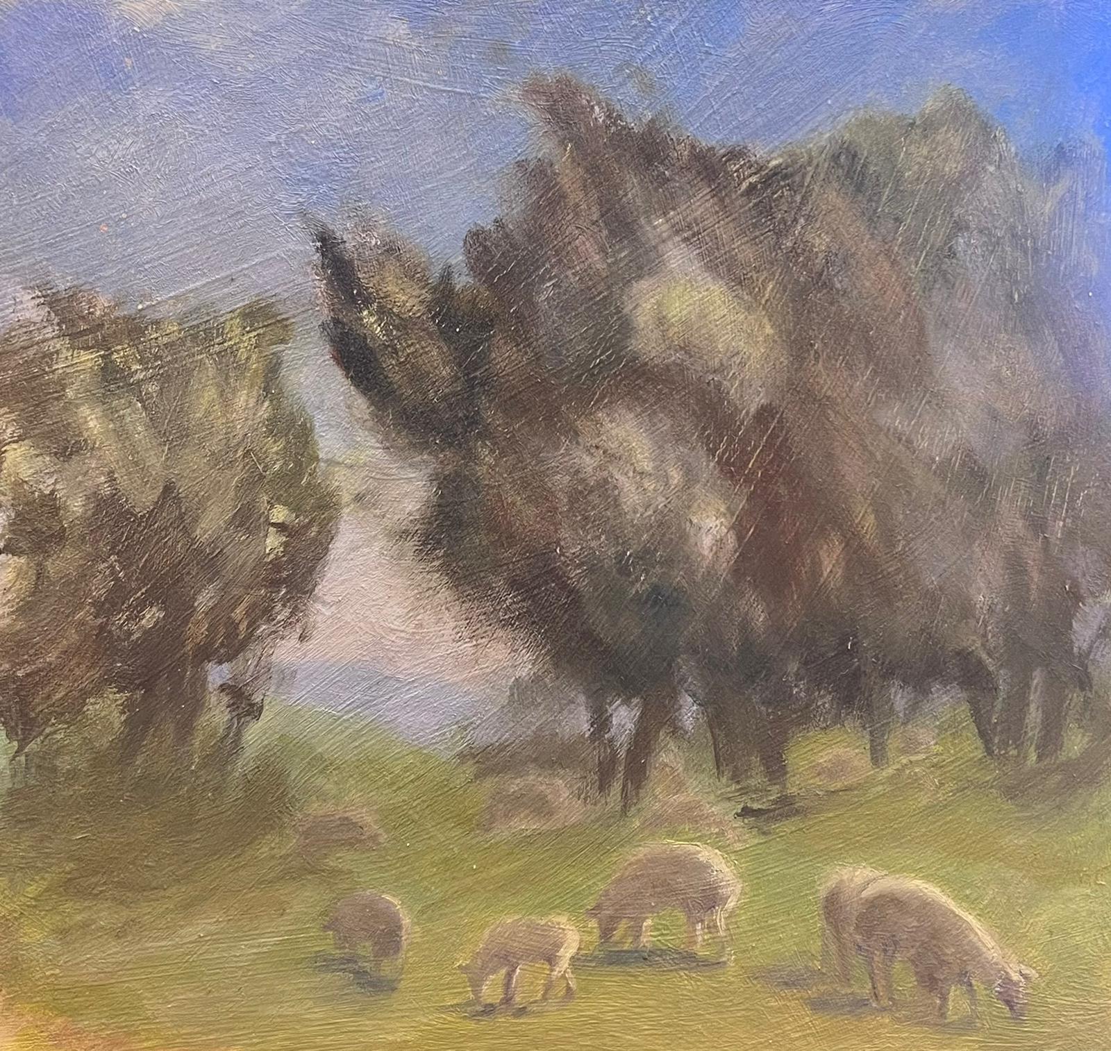 Geza Somerset-Paddon Animal Painting - Sheep Munching On Grass Under Tall Trees Contemporary British Painting 
