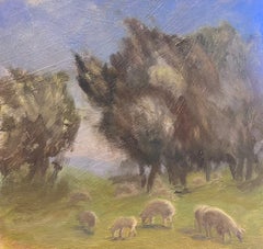 Moutons mangeant de l'herbe sous de grands arbres Peinture contemporaine britannique 