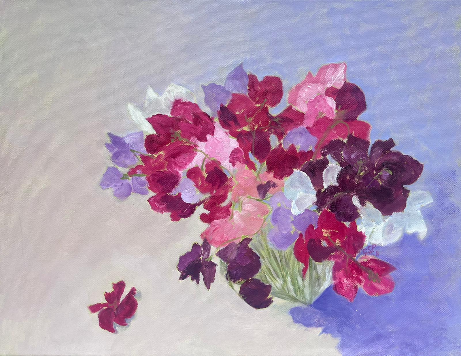 Interior Painting Geza Somerset-Paddon - Fleurs de Sweet Pea Peinture à l'huile impressionniste britannique originale du 20e siècle