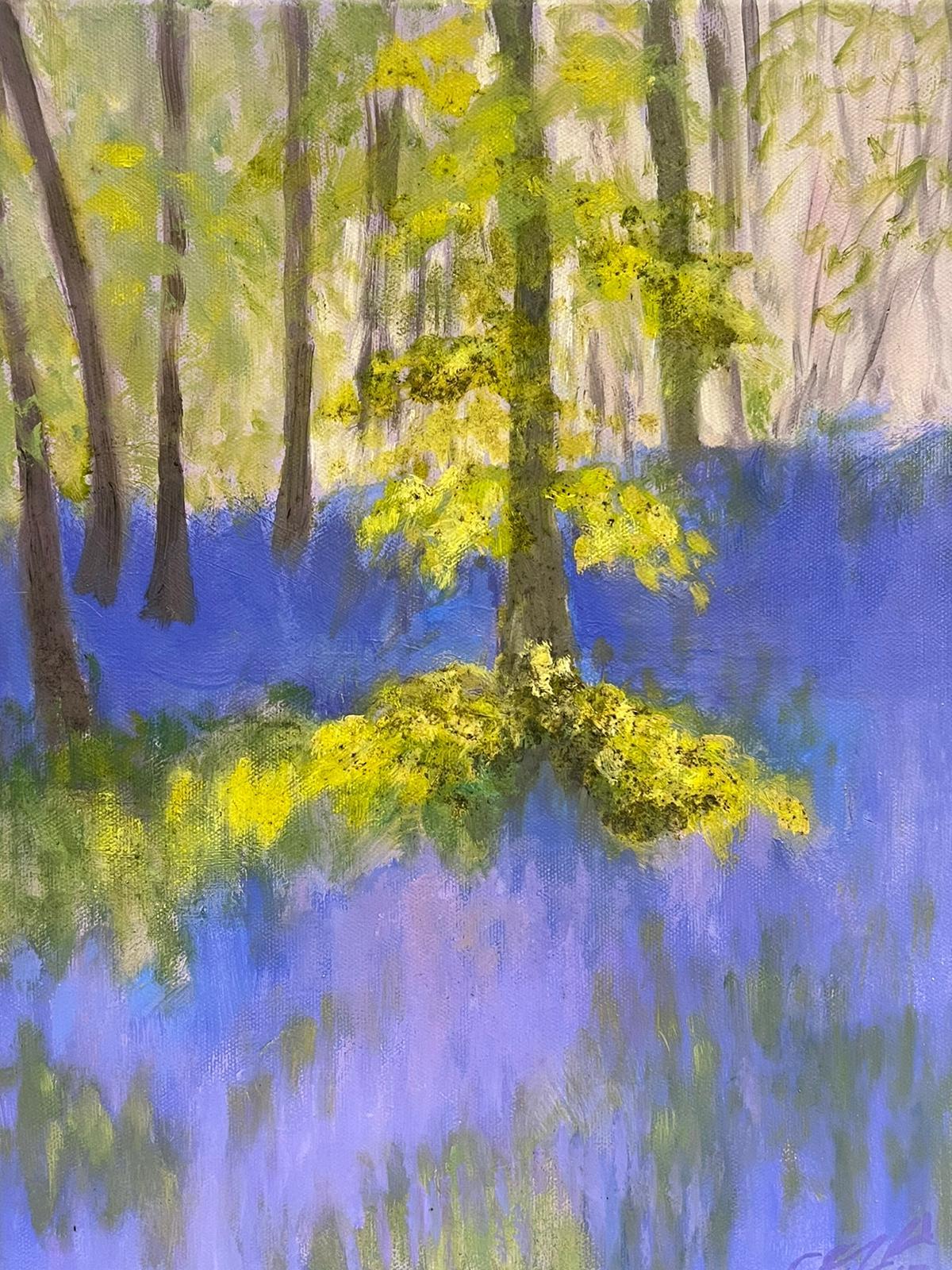 The Bluebell Wood Contemporary British Modernist Oil Painting - Gray Abstract Painting by Geza Somerset-Paddon