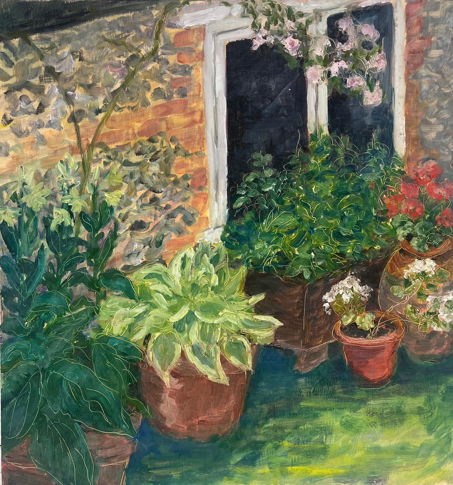 Geza Somerset-Paddon Still-Life Painting - Vibrant Garden Plant Pots Contemporary British Oil Painting