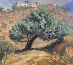 Vintage Wonky Olive Tree Landscape Contemporary British Oil Painting
