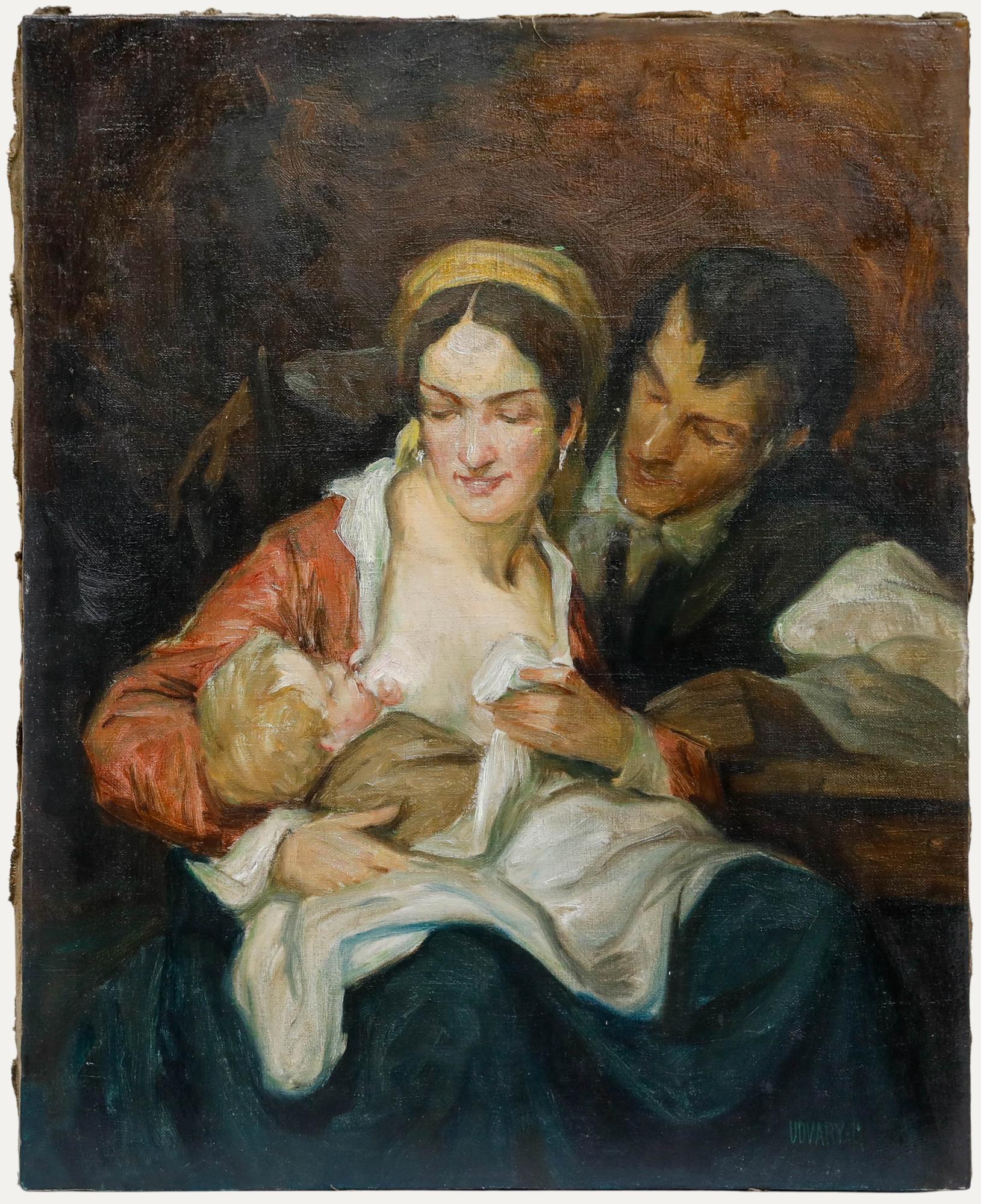 Dieses intime Porträt zeigt eine zärtliche Familienszene mit einem Paar, das ein Kleinkind in einer herzlichen Umarmung wiegt. Die Verwendung weicher, gedämpfter Töne und sanfter Pinselstriche durch die Künstlerin schafft ein Gefühl stiller