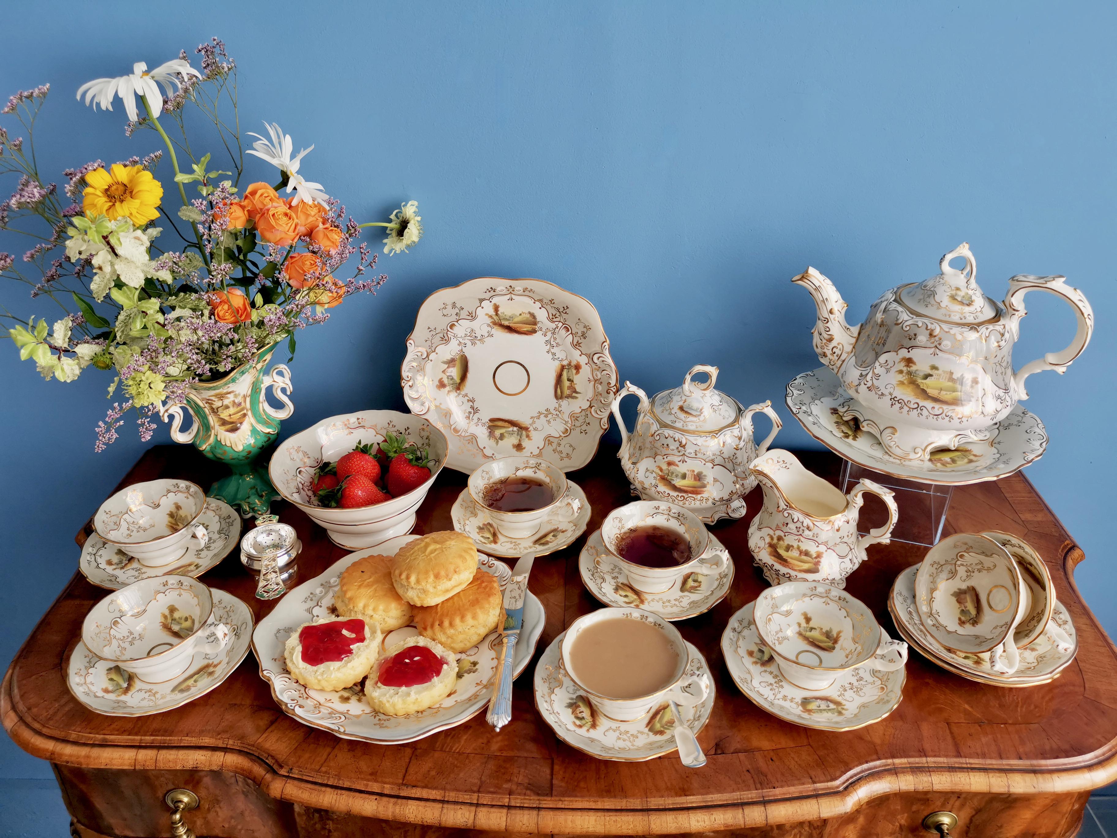 This is a stunning full tea service made by G.F. Bowers in 1843. The service consists of a teapot with cover on a stand, a sucrier with cover, a milk jug, two large cake plates, a slop bowl and eight teacups with saucers; 25 pieces in total.
 
The