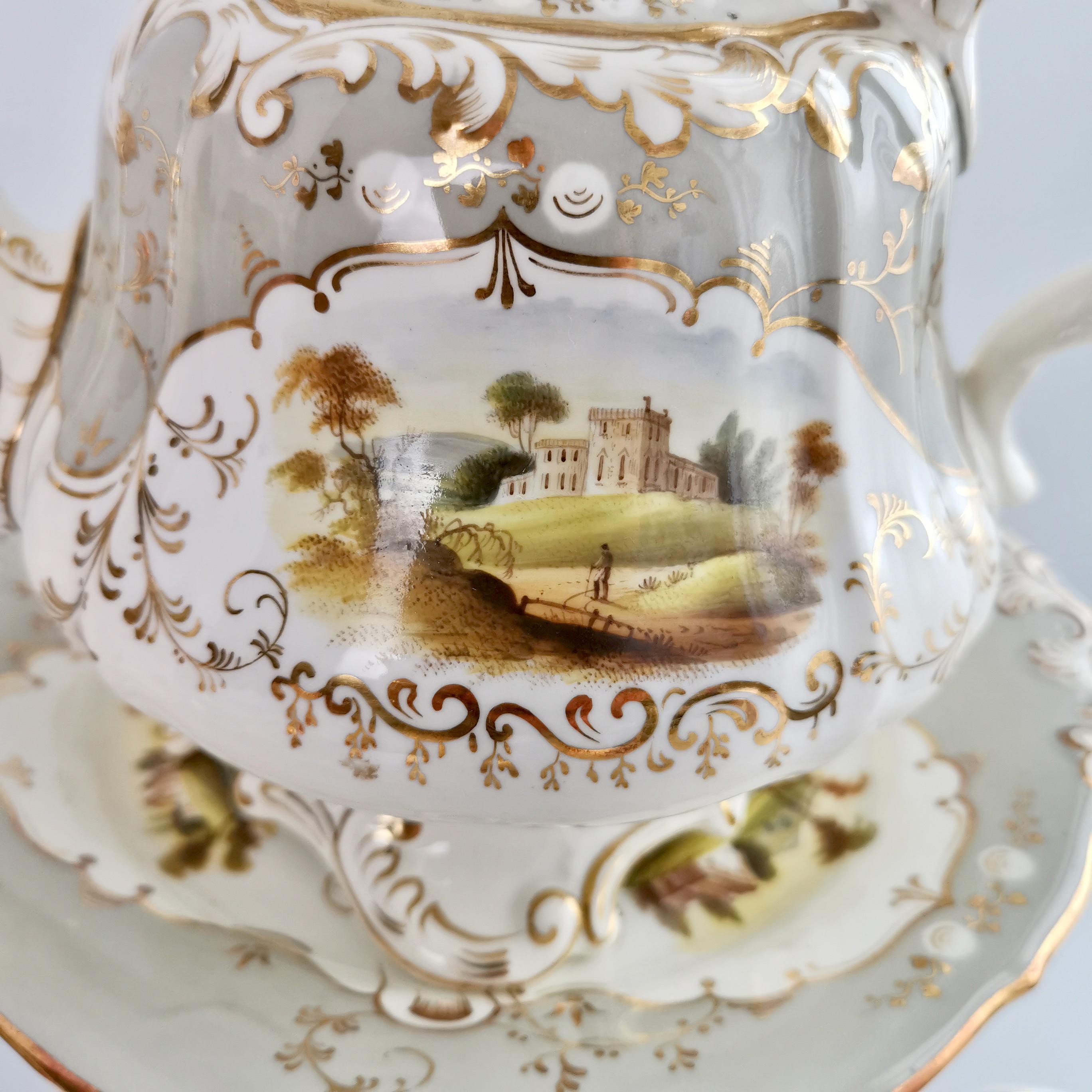 Hand-Painted G.F. Bowers Large Tea Service, Grey with Landscapes, Rococo Revival, 1843