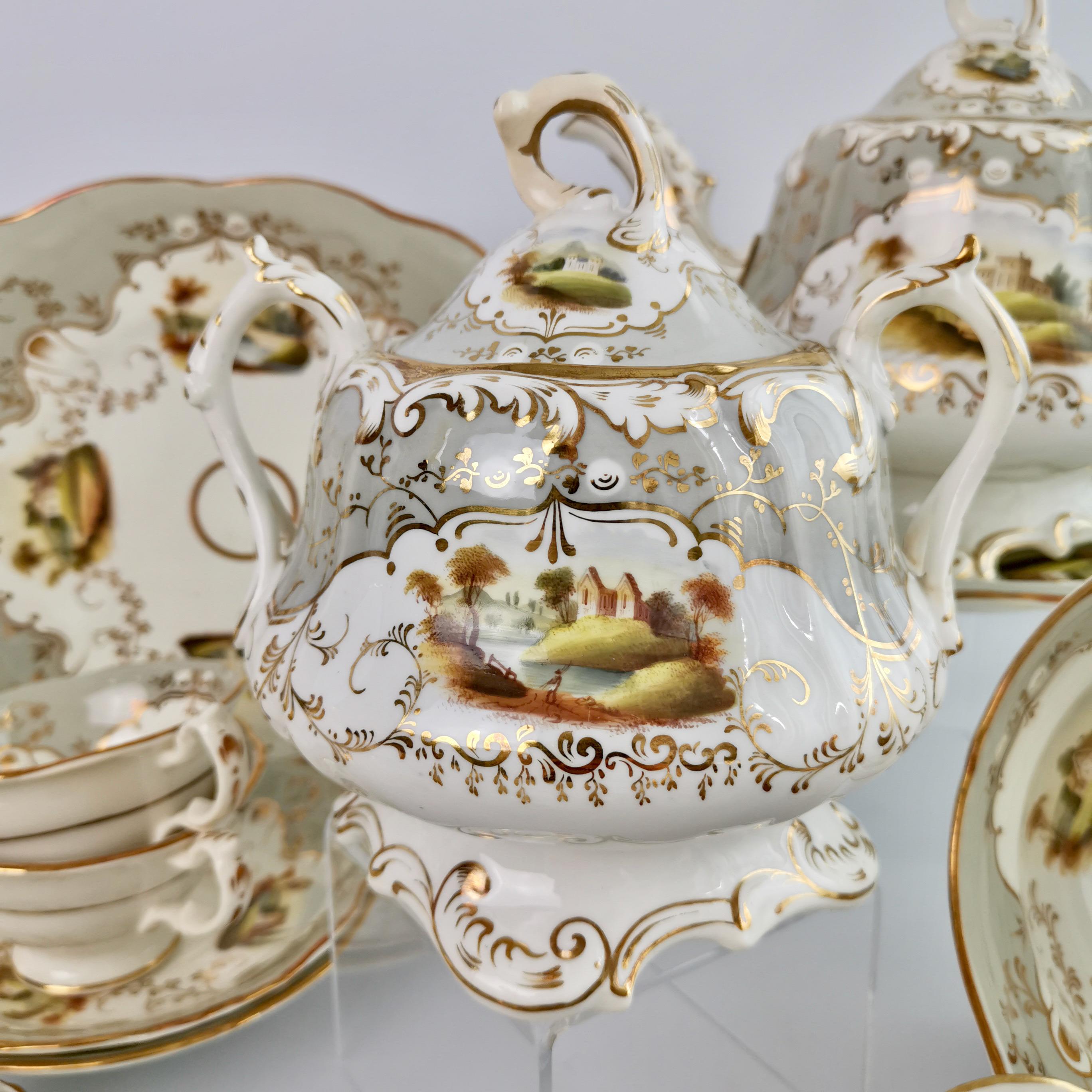 G.F. Bowers Large Tea Service, Grey with Landscapes, Rococo Revival, 1843 In Fair Condition In London, GB