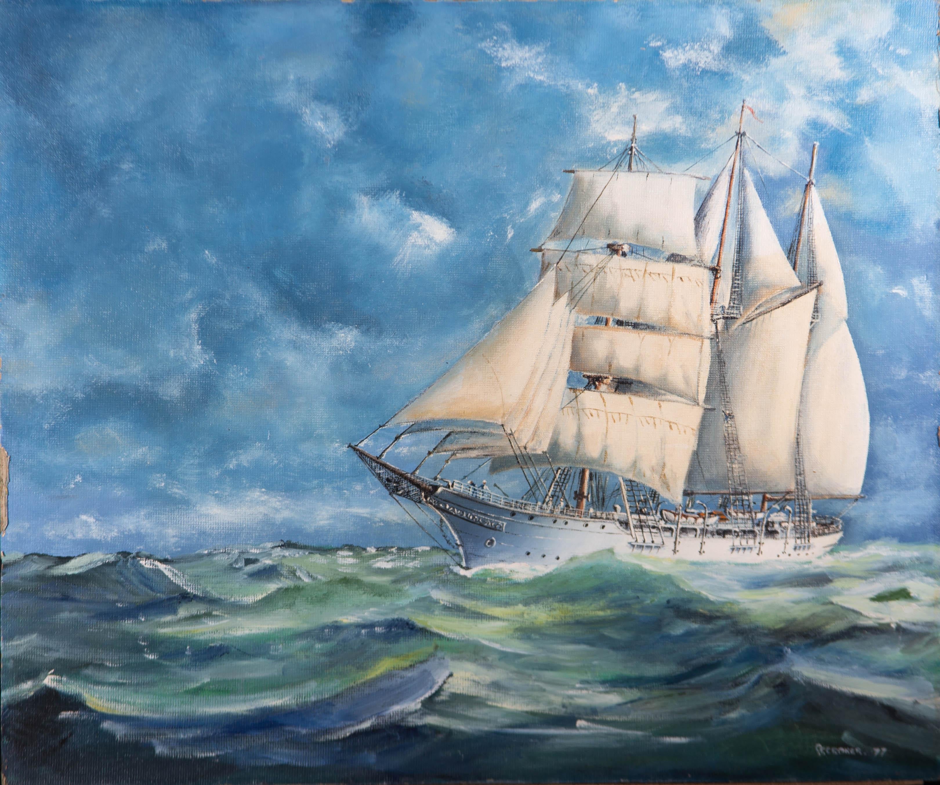 A charming oil painting, depicting a three-masted schooner at sea. Signed and dated to the lower right-hand corner. On board.
