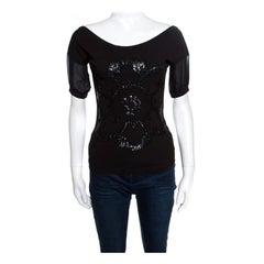 GF Ferre Black Sequin Embellished Plunge Back Neck Top XXS