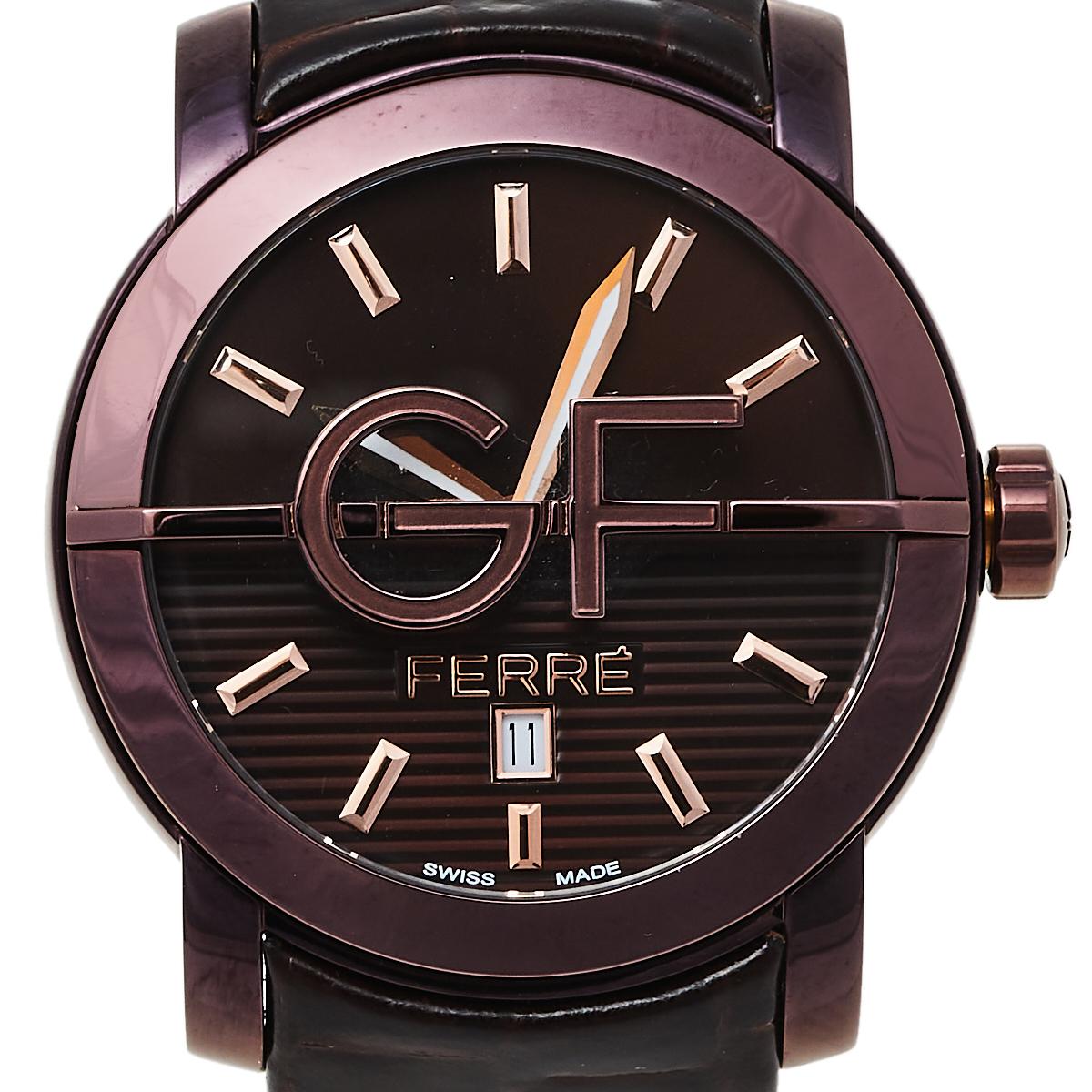 GF Ferre Brown IP-beschichtetes Edelstahl-Leder 9104M Herren-Armbanduhr 44 mm (Zeitgenössisch)