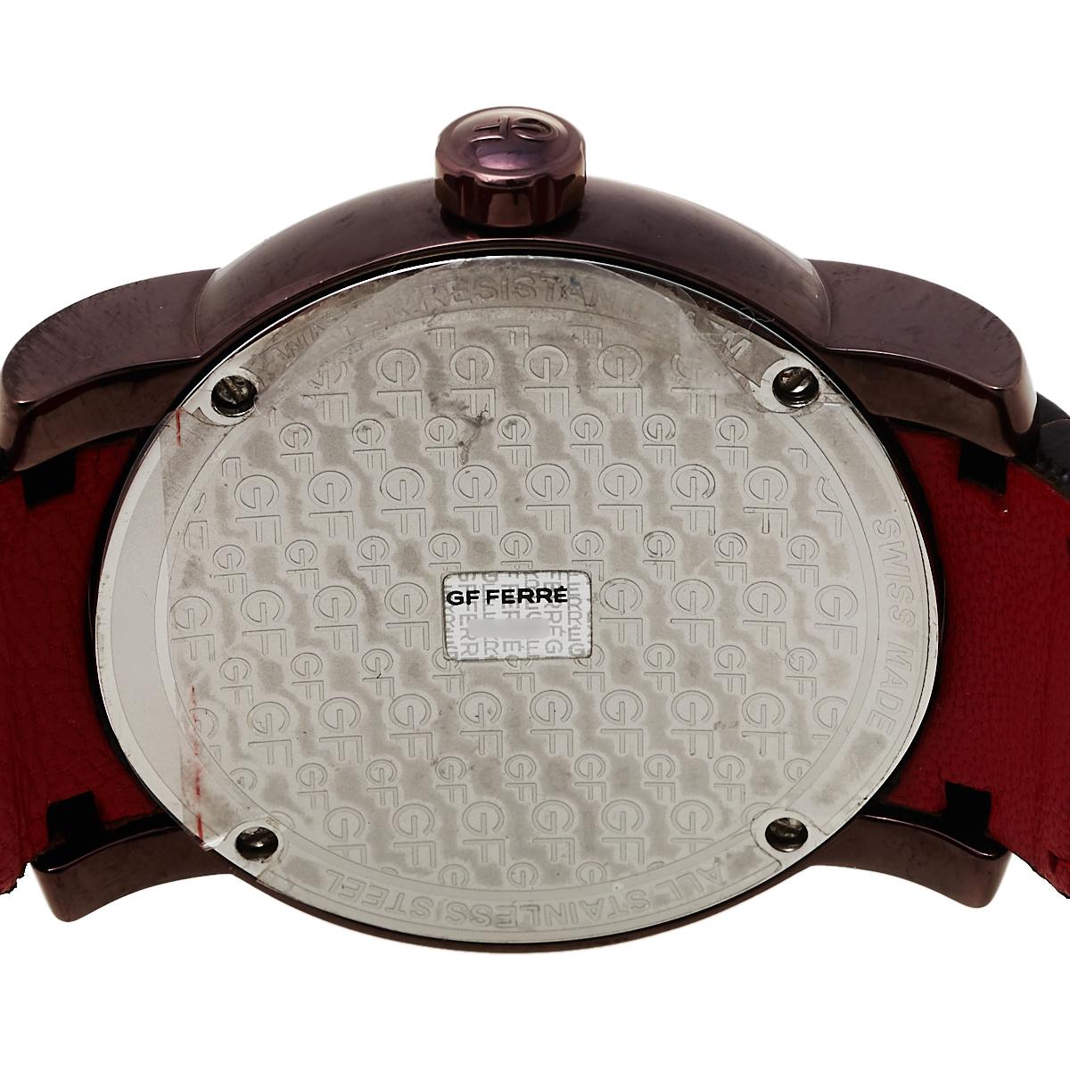 GF Ferre Brown IP-beschichtetes Edelstahl-Leder 9104M Herren-Armbanduhr 44 mm im Zustand „Gut“ in Dubai, Al Qouz 2